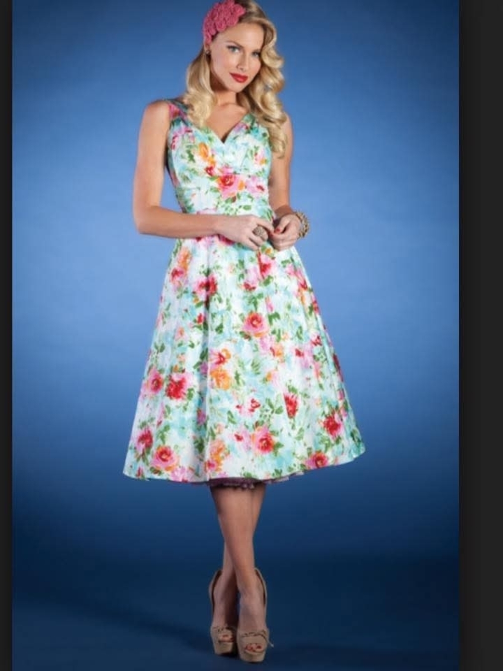 Stop Staring Light Blue Floral Fit-and-Flare Midi Dress with Pink Roses